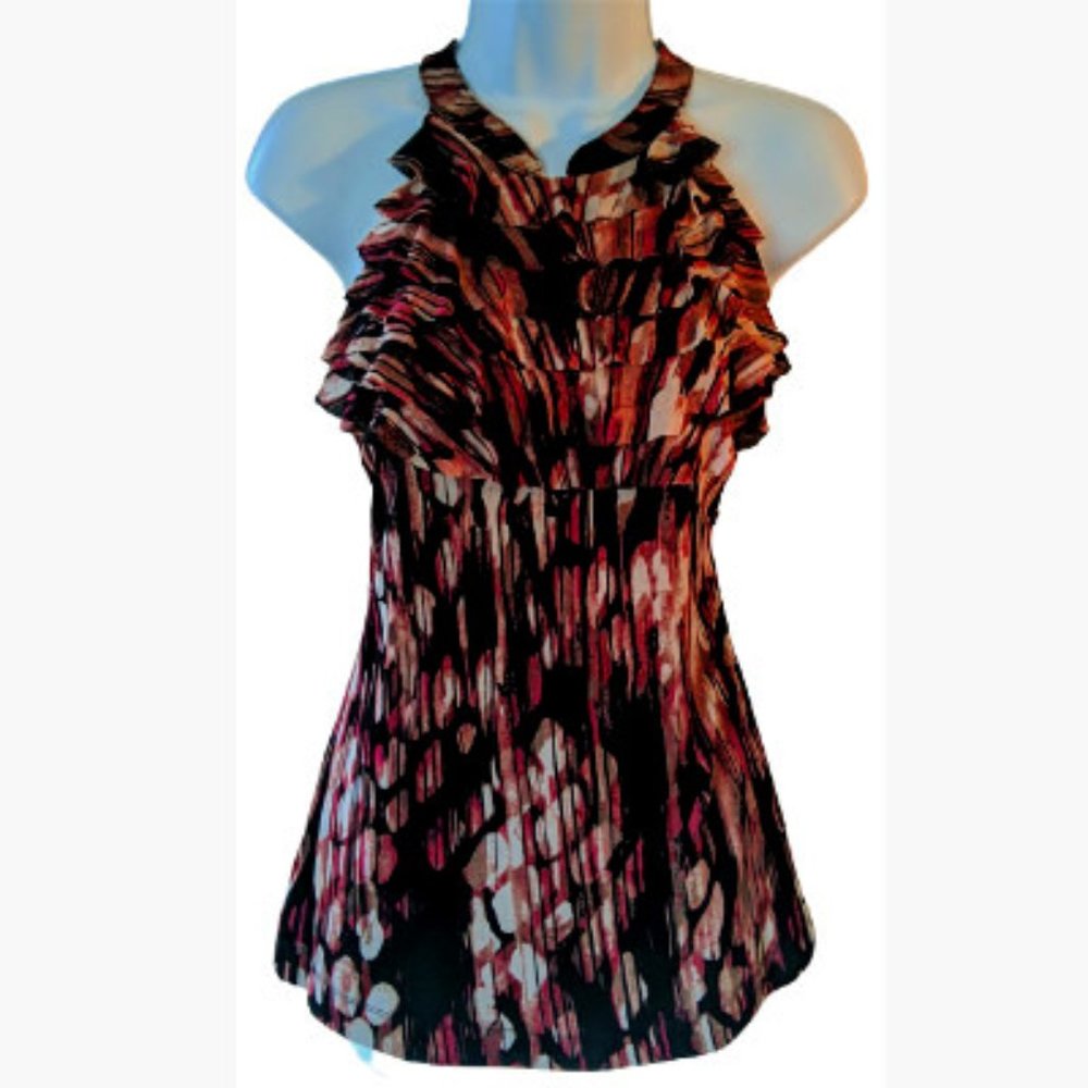 The Limited Women’s Medium Pink Black & Peach Fancy Ruffled Sleevless Top